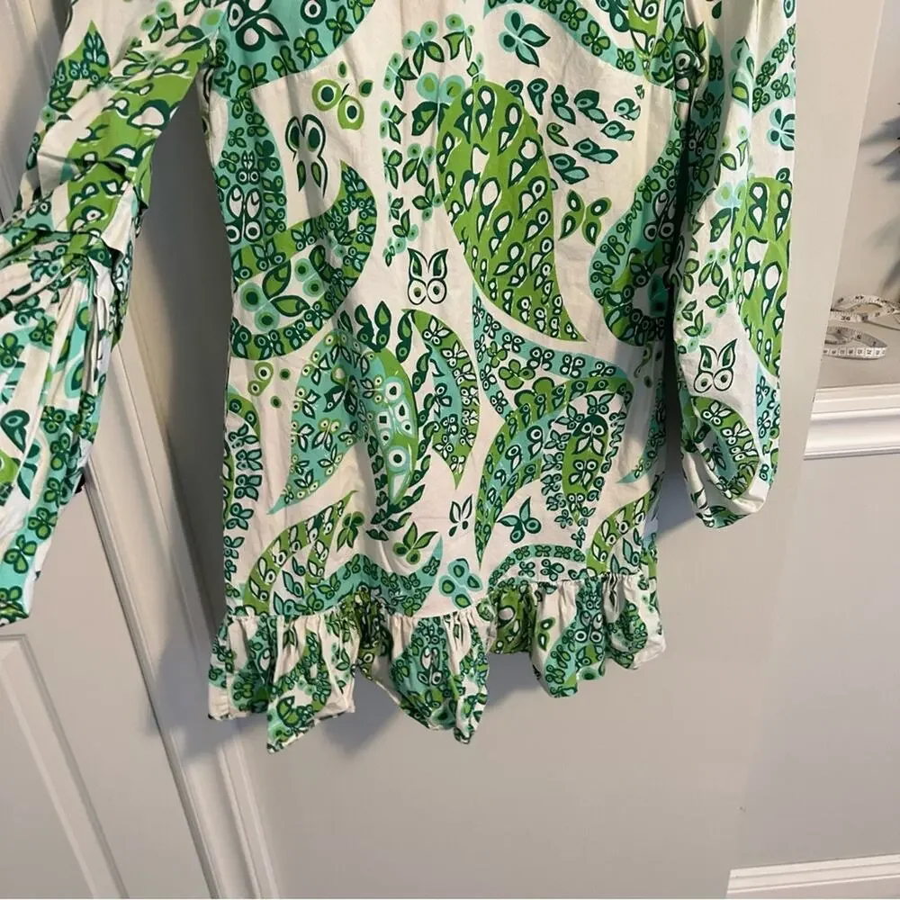 Staud White Green Cotton Botanical Long Sleeve Mini Dress 4